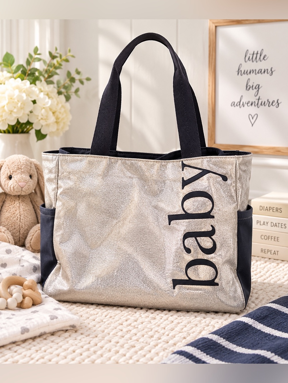 Kate Spade New York Metallic Silver Navy Diaper Bag Tote Shoulder Bag